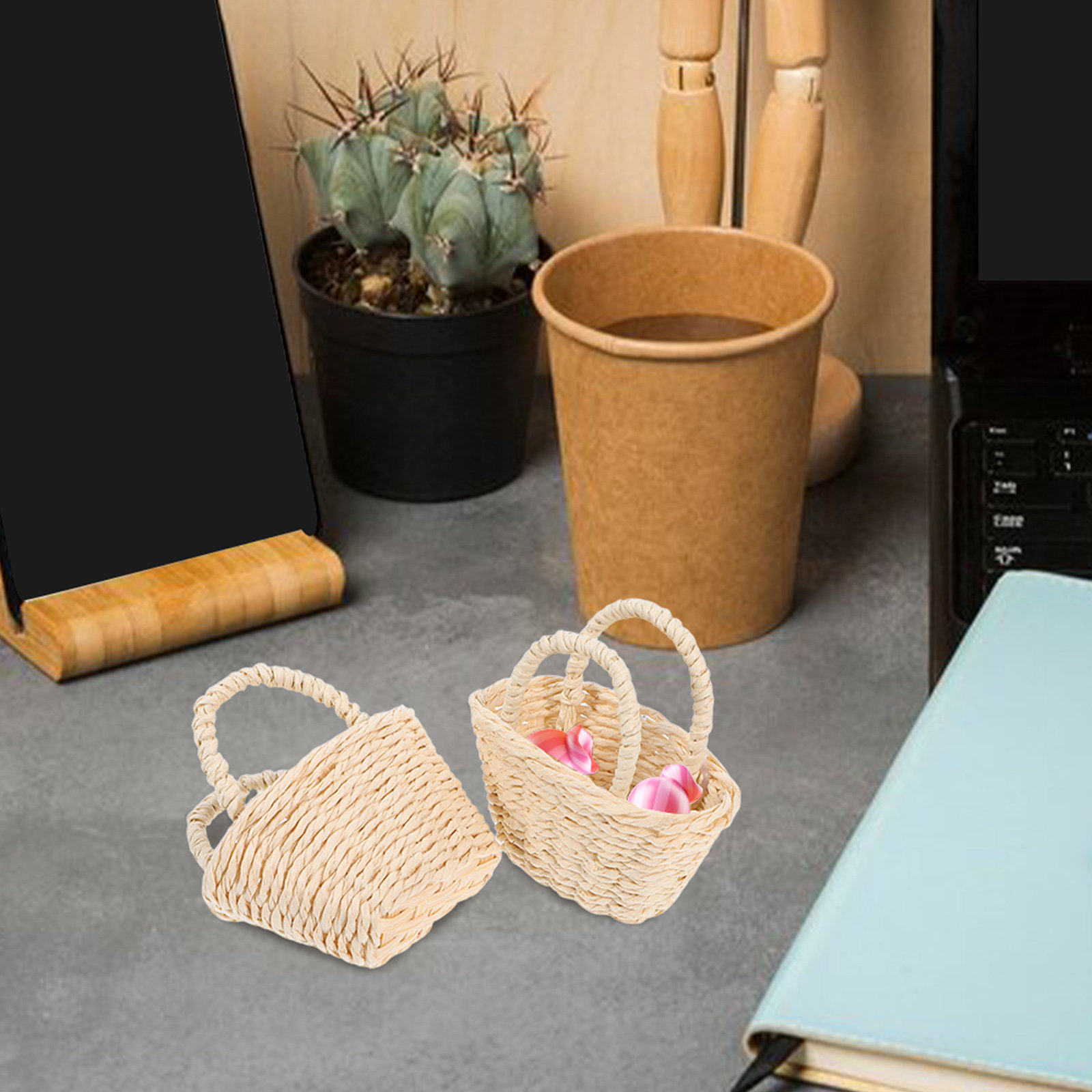 2Pcs Mini Raffia Handle Basket - Desk Setup For Small Space recension och pris